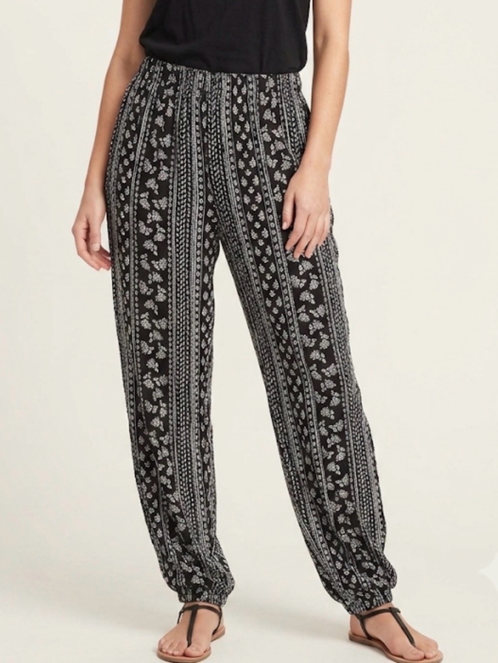 Bebop Black Printed Elastic-Waist Lightweight Pants